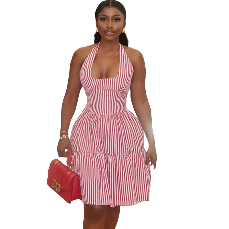 Women's Stripes Print Halterneck Sleeveless A-Line Mini Dress, Backless