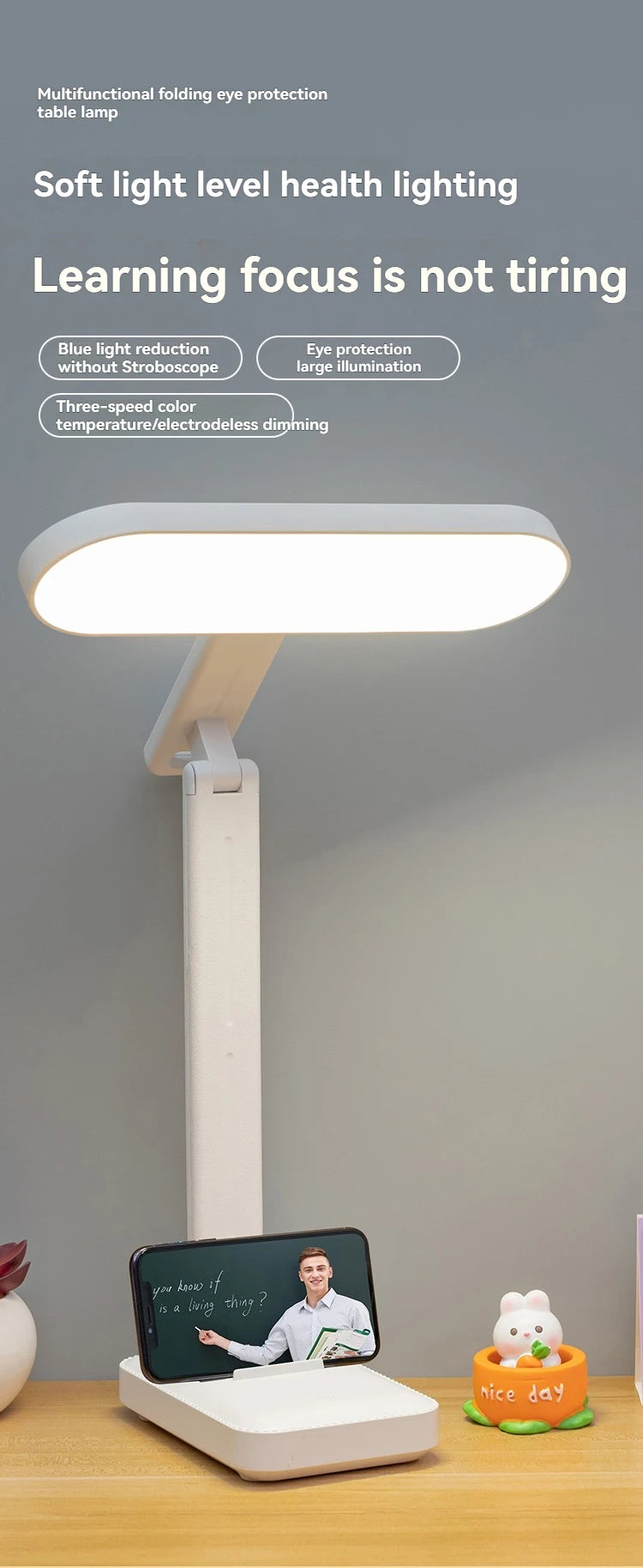 Rechargeable Foldableing Eye Protection Desk Lamp for Study, Special Dormitory Desk Reading Lamp, USB Rechargeable and Plug-In Dual-Use Dimming Home Desk Lamp
