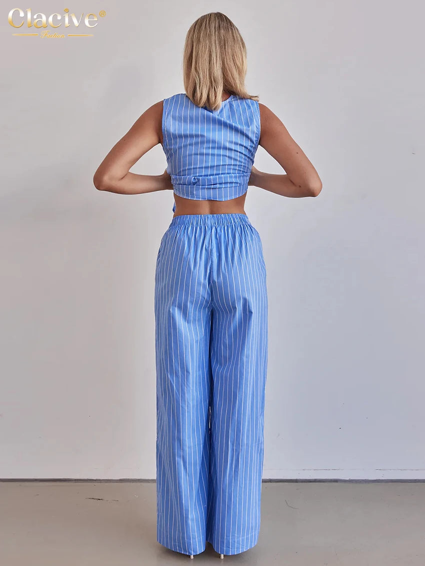 Clacive Summer Loose Blue Stripe 2 Piece Set Woman Outfit 2025 Fashion Sleeveless Tank Top With High Waist Wide Pants Set Female