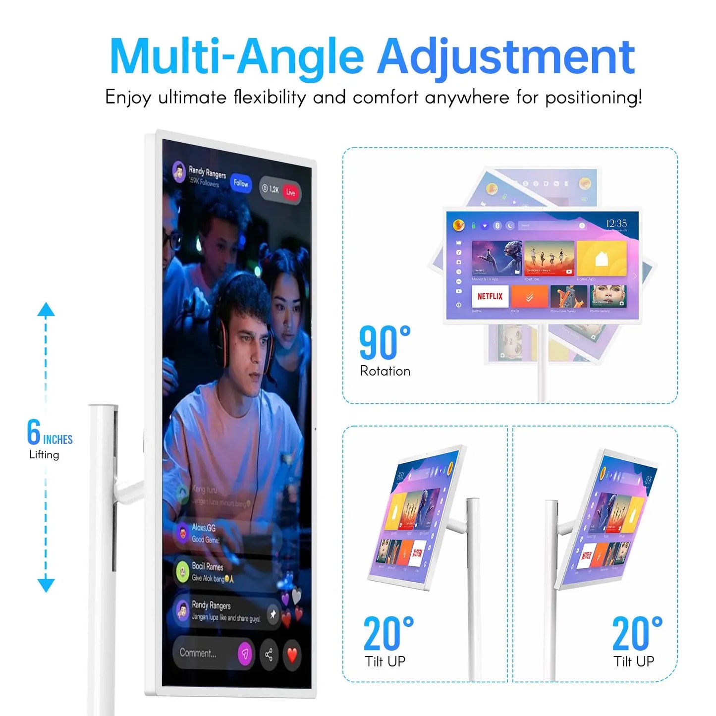 Portable TV 32 Inch Smart Touch, Rotating 2K LCD Screen with Built-in Cables, Android Operating System Stanbyme