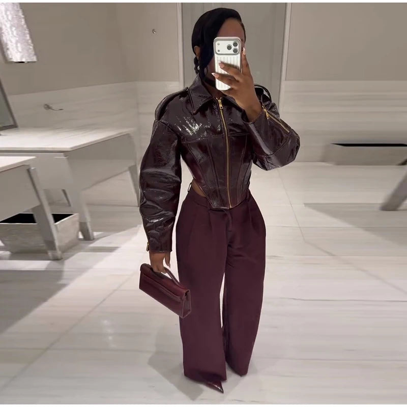Fashion Lapel Leather Jacket Women's Full Sleeve Slim Solid Zippers Coat 2026 Spring New Lady Edgy Casual High Street Outerwear