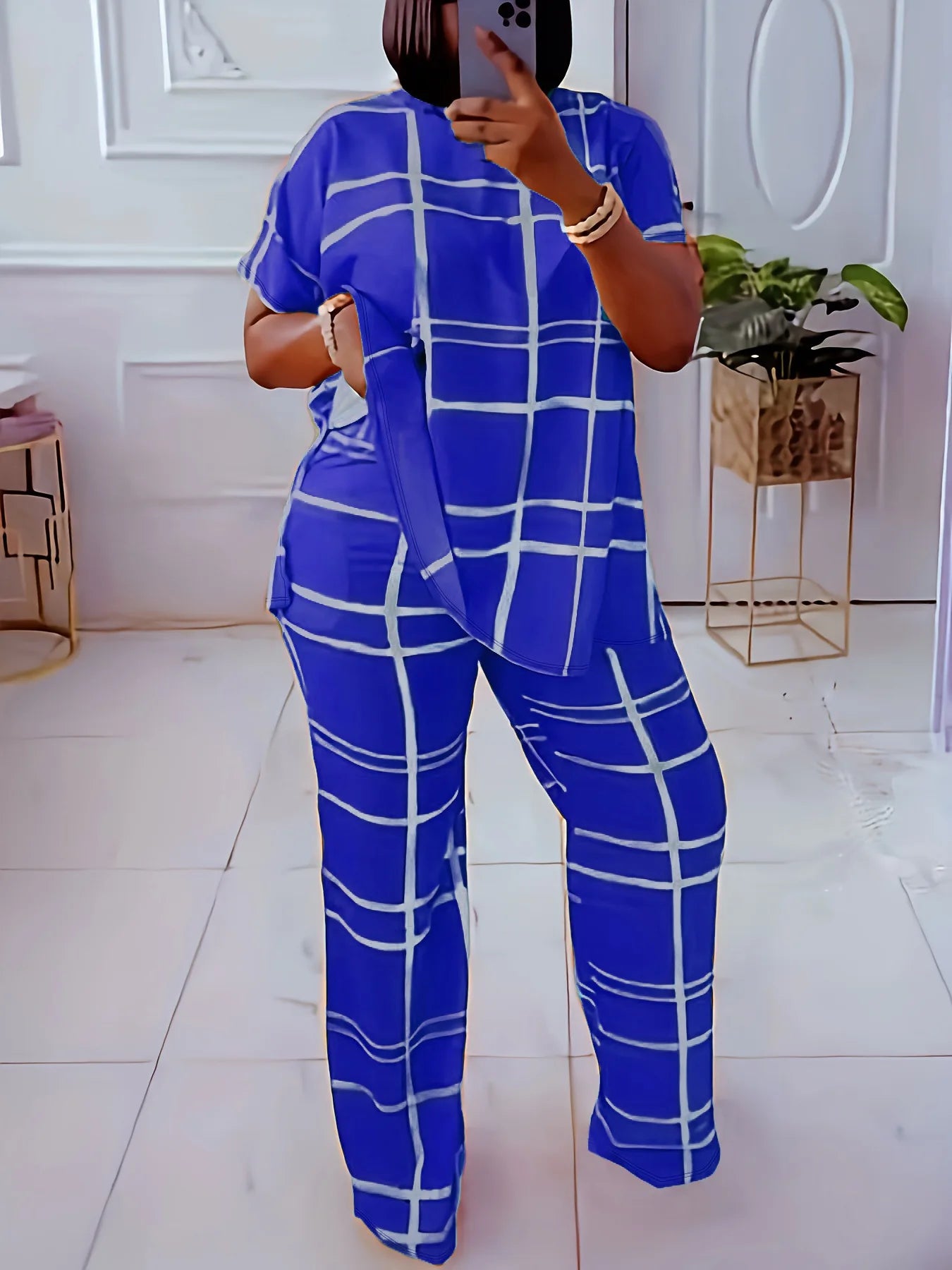 Spring Autumn New Women's Fashion Elements Striped Grid Printed Casual Round Neck Large Comfortable Two Piece Set