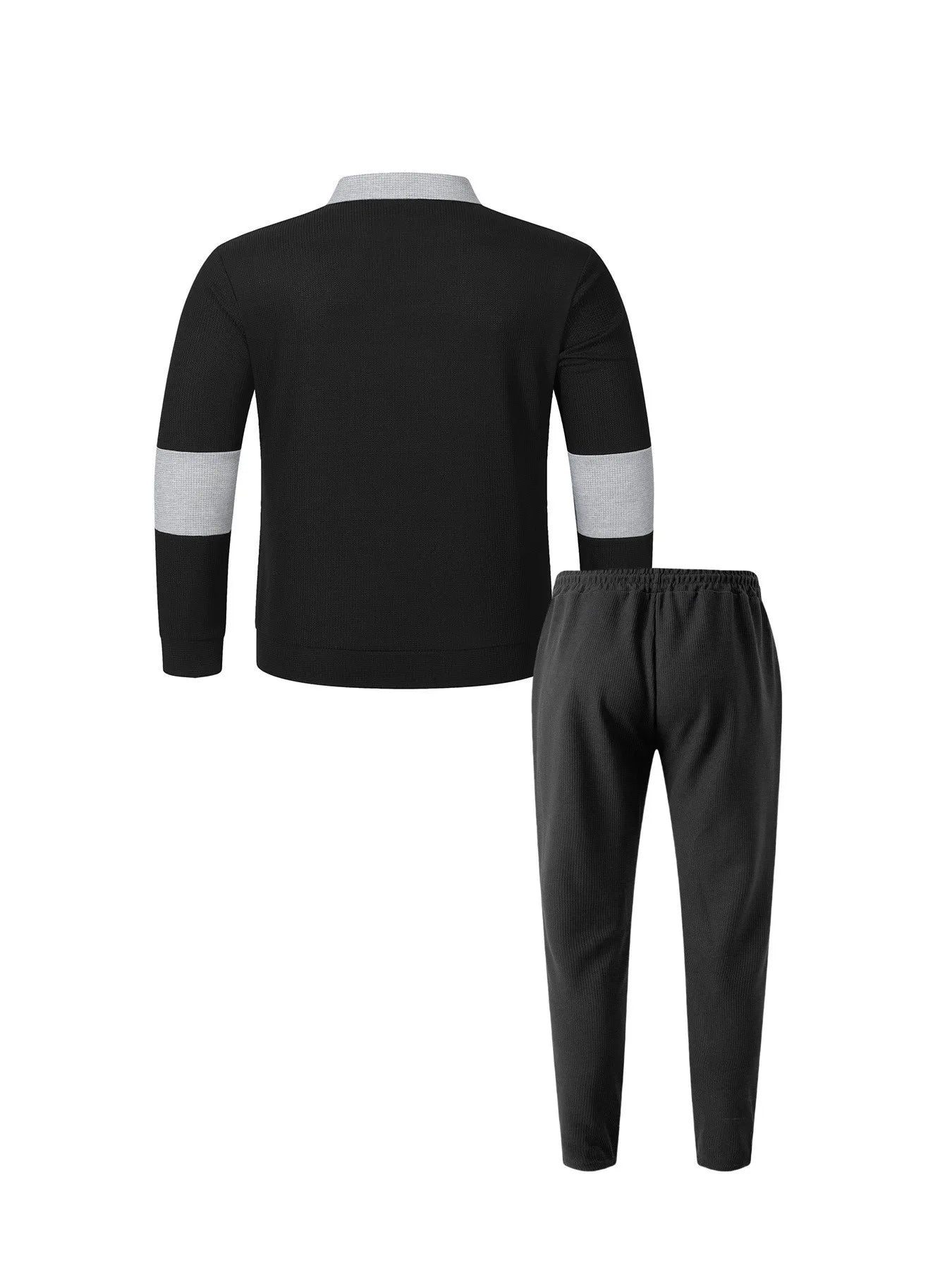 Men's Fashion 2-Piece Outfit Waffle Knit Polo Neck Top & Straight Leg Pants Set Casual Sporty Color Block Tracksuit