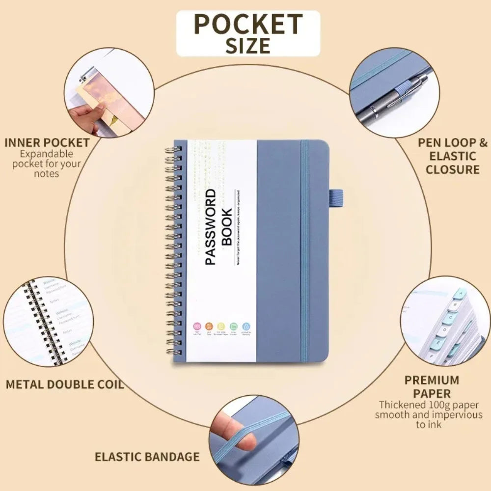 A6 Password Book Strap Spiral Notebook Website Username Password Record Notebook 56 Sheets Password Keeper Book Paper Stationery