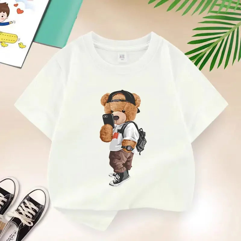 New 2026 Summer Fashion Children's Cool Bear Cartoon T-shirt Boys T Shirt Boys Clothes Print Cotton T Shirts Kids Clothes