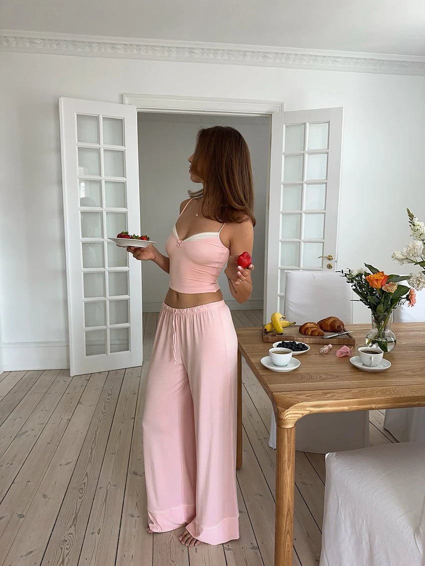 Hiloc Cute Woman Pink Spaghetti Strap Bow Top Suit Elastic Drawstring Floor-Length Pants Sets V-Neck Home Pullover Pajama Outfit