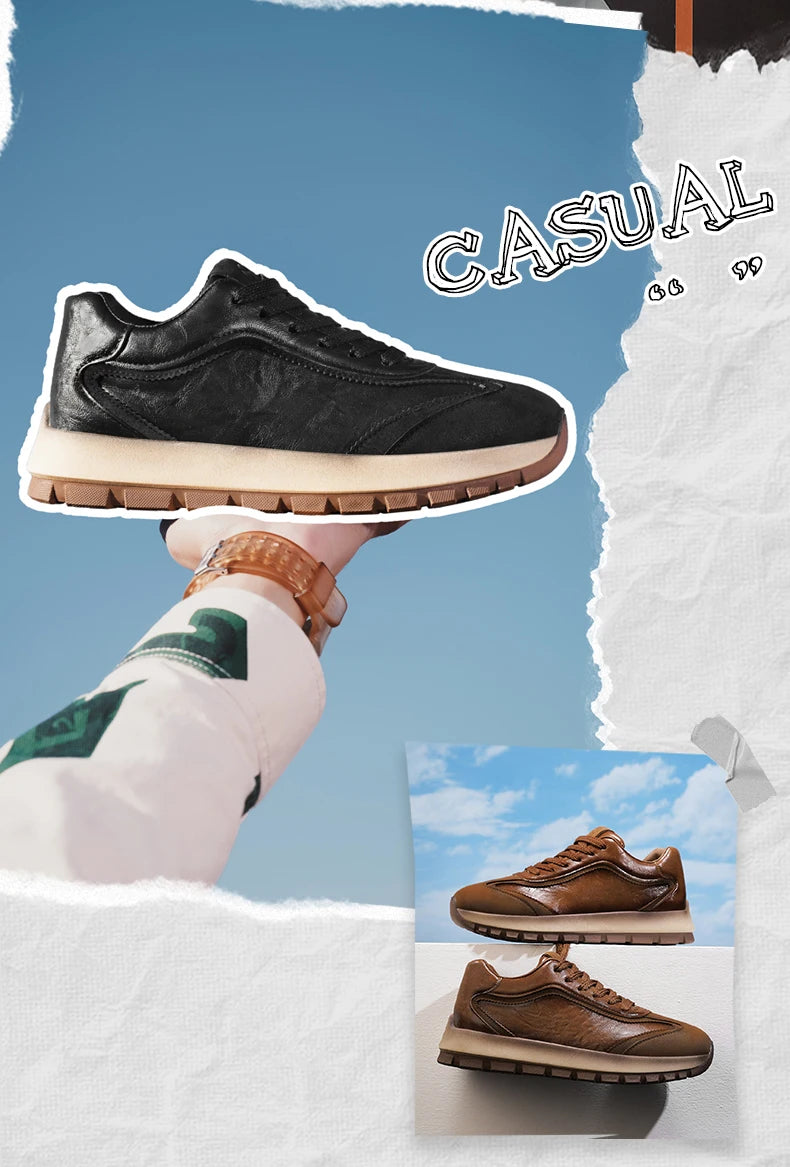 Classic Leather Casual Sneakers Men Comfortable Men's Spring Autumn Sneakers Platform Shoes Lace Up Brown Black Footwear 2025