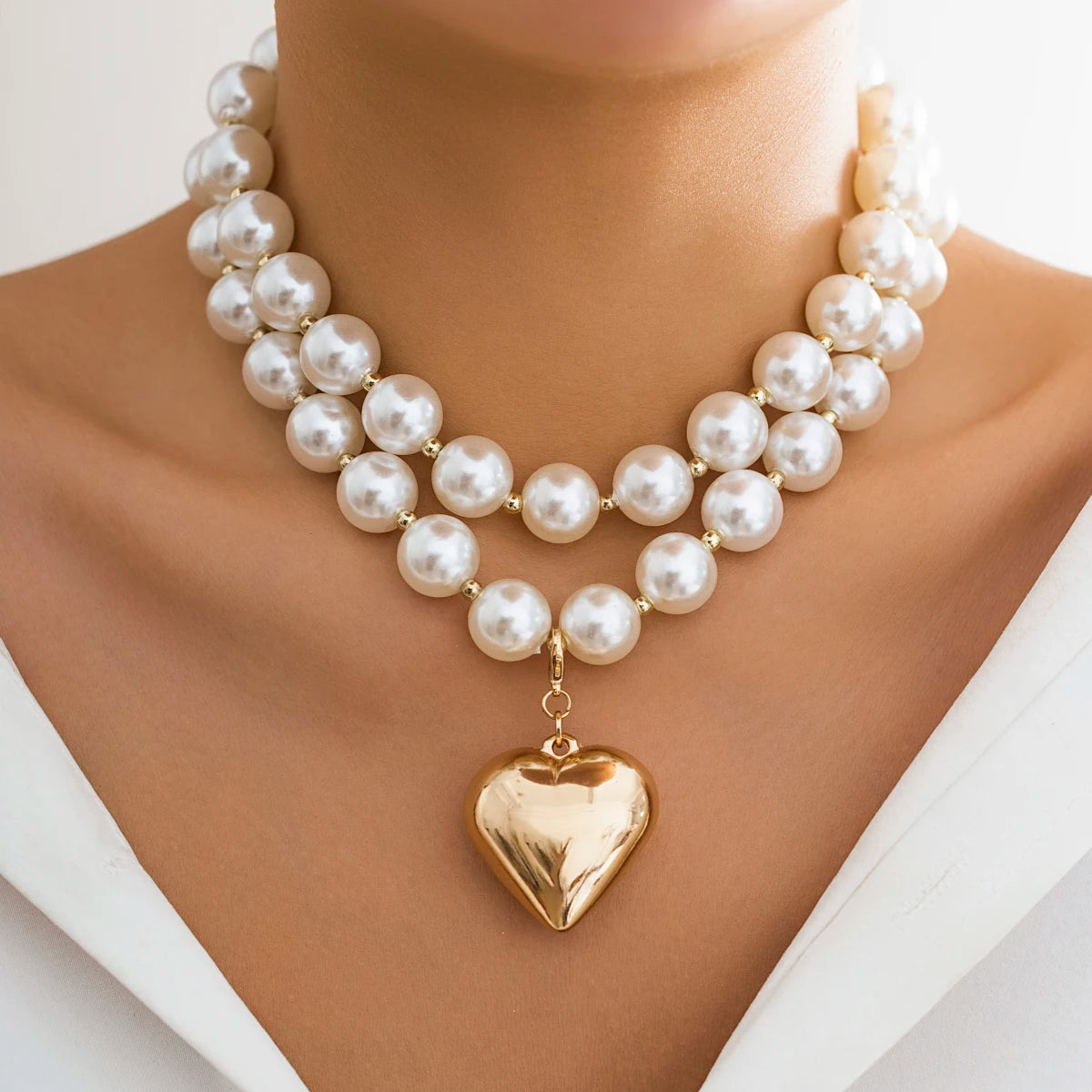 2Pcs Elegant Goth Imitation Pearl Beads Chain Necklace for Women Vintage Love Heart Pendant Choker Y2K Jewelry Wed Accessories