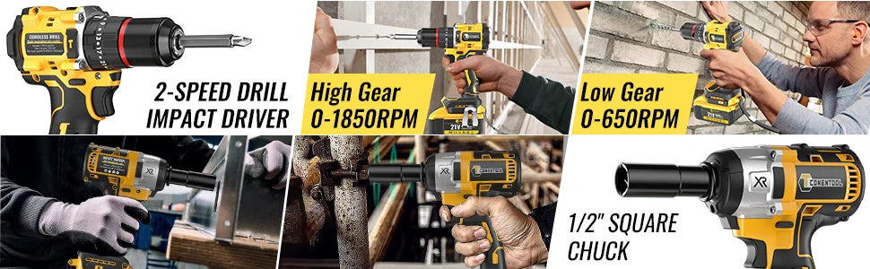 CONENTOOL 420N.m Brushless Electric Impact Wrench Screwdriver Power Tool Combination Drill Driver Set with LED Light 2pc Battery