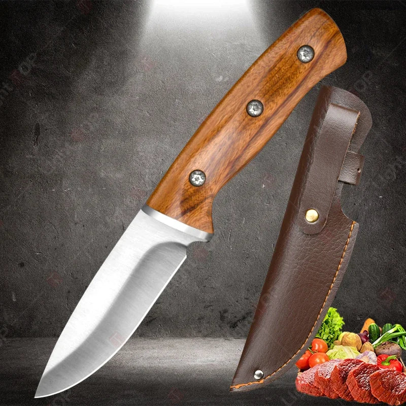 Kitchen Knife Supplies Forged Butcher Knife Fruit Slicing Bottle Opener Knife Multipurpose BBQ Cooking Chef Knife Wood Handle