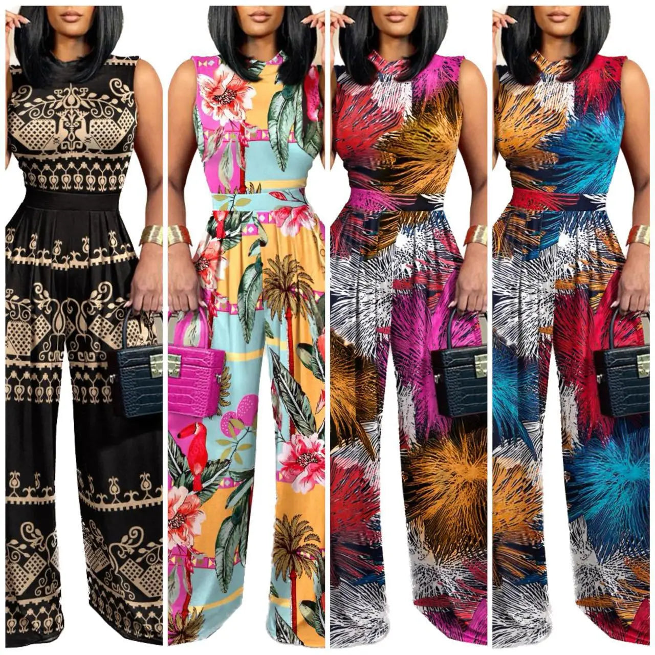 Elegant Women's Wide-leg Long Jumpsuit Spring And Summer Fashion Printed Sleeveless Casual Mid-waist Straight Jumpsuit Trousers