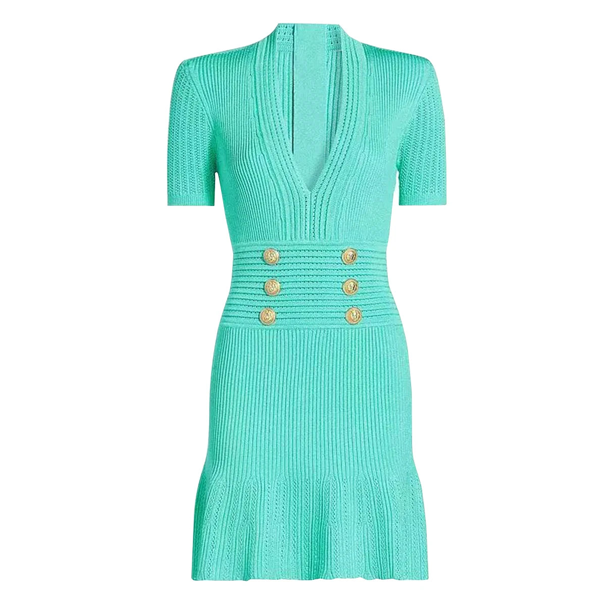 Spring And Summer New Fashionable Knitted Elastic Solid Color Short Sleeved Double Breasted Slim Fit Fishtail Women's Dress