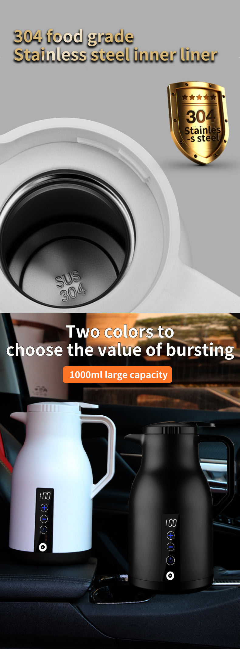 New digital display car electric kettle car 12v24v large truck boiling kettle large capacity insulation 1000ML