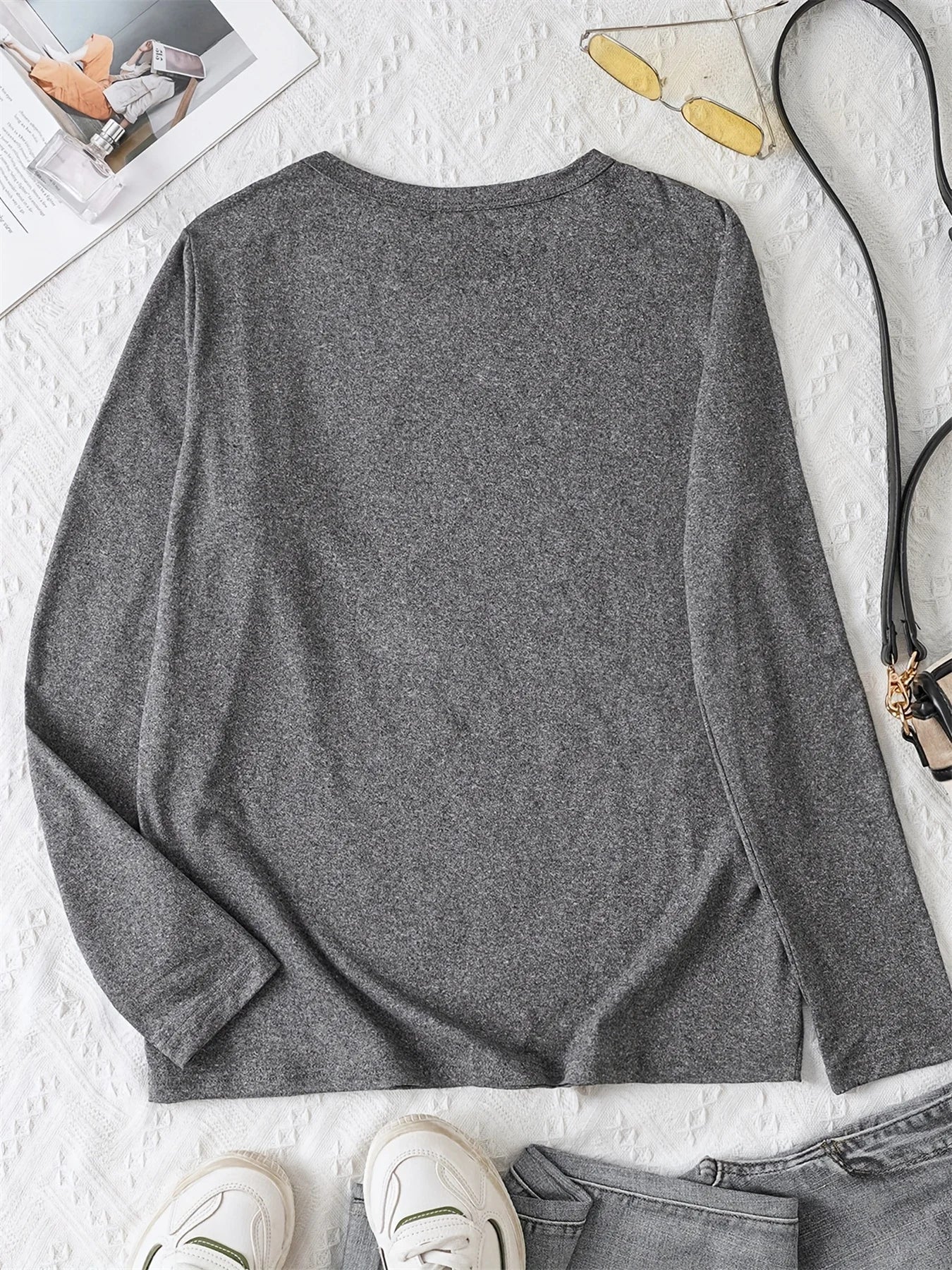 100% pure cotton women's spring and autumn comfortable casual long sleeved Houston letter graphic printed round neck T-shirt