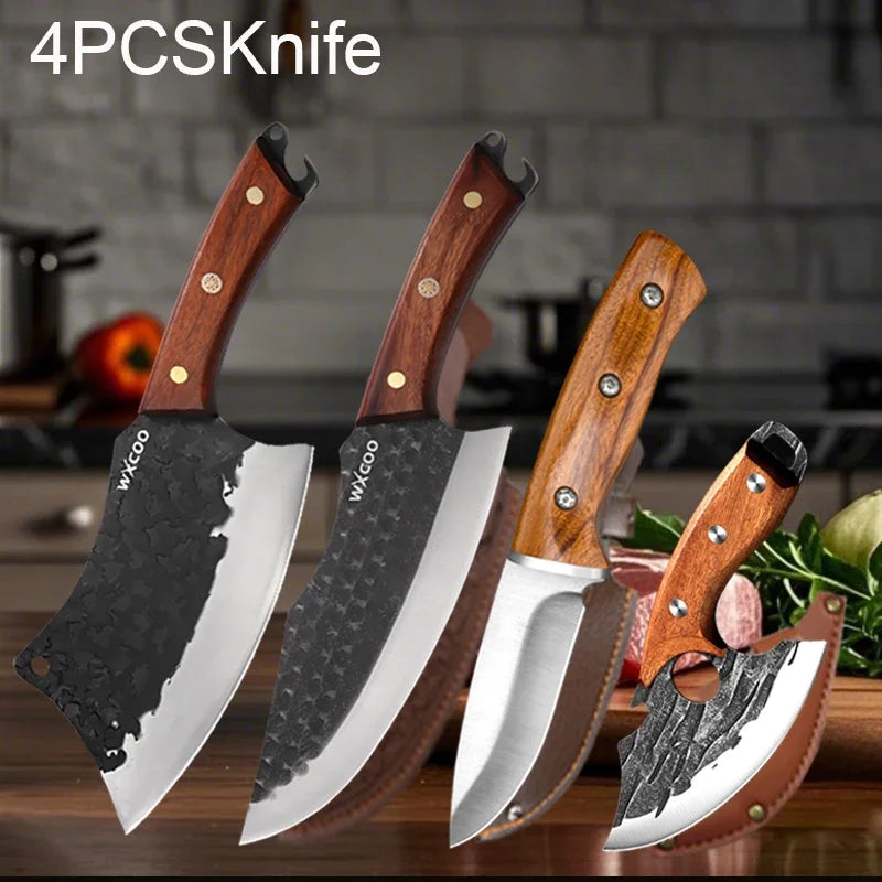 Kitchen Knife Supplies Forged Butcher Knife Fruit Slicing Bottle Opener Knife Multipurpose BBQ Cooking Chef Knife Wood Handle