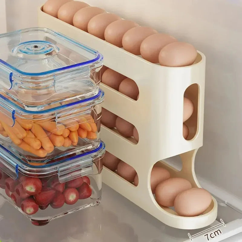 4 Layers Automatic Egg Holder Rack - Kitchen Fridge Egg Storage Organizer Dispenser Plastic Refrigerator Container