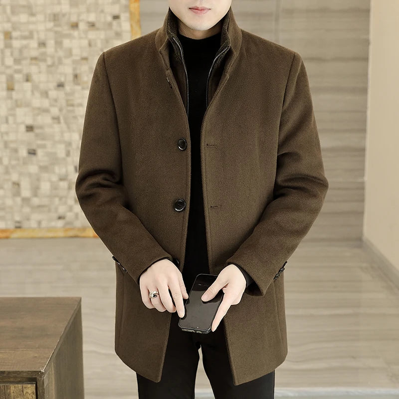 Men's Long Wool Coat High Quality Trendy Fashion Handsome Solid Color Wool Trench Coat with Removable Thickened down Inner Liner