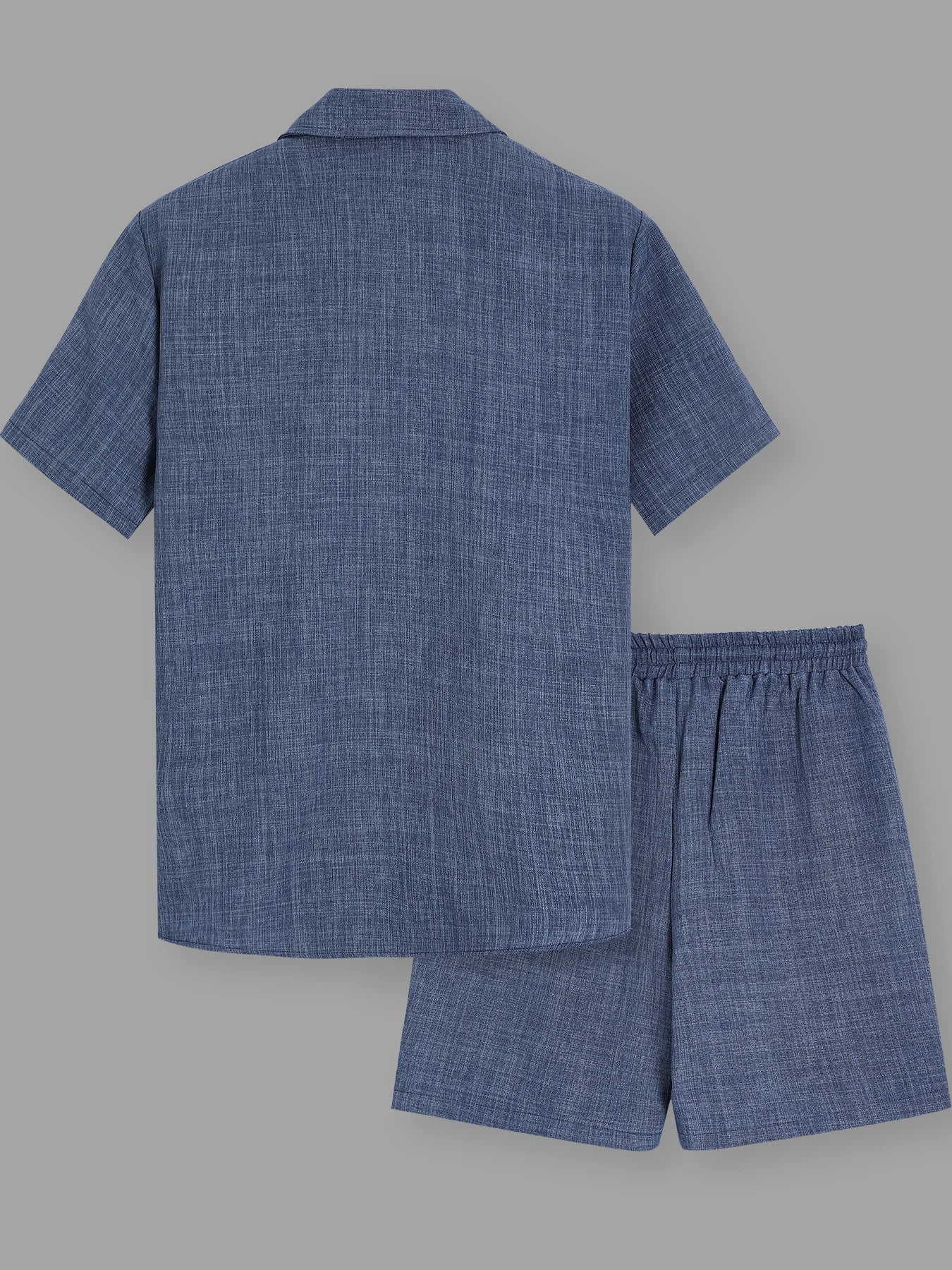 Plus Size Men's Minimal Textured Set, Single Pocket Linen Shirt & Matching Shorts for Casual Commute
