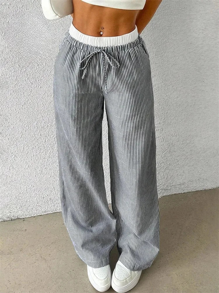 Casual Striped Woven Wide Leg Pants for Women Autumn Winter Casual Stylish Full Length Trousers Y2K Clothes Streetwear