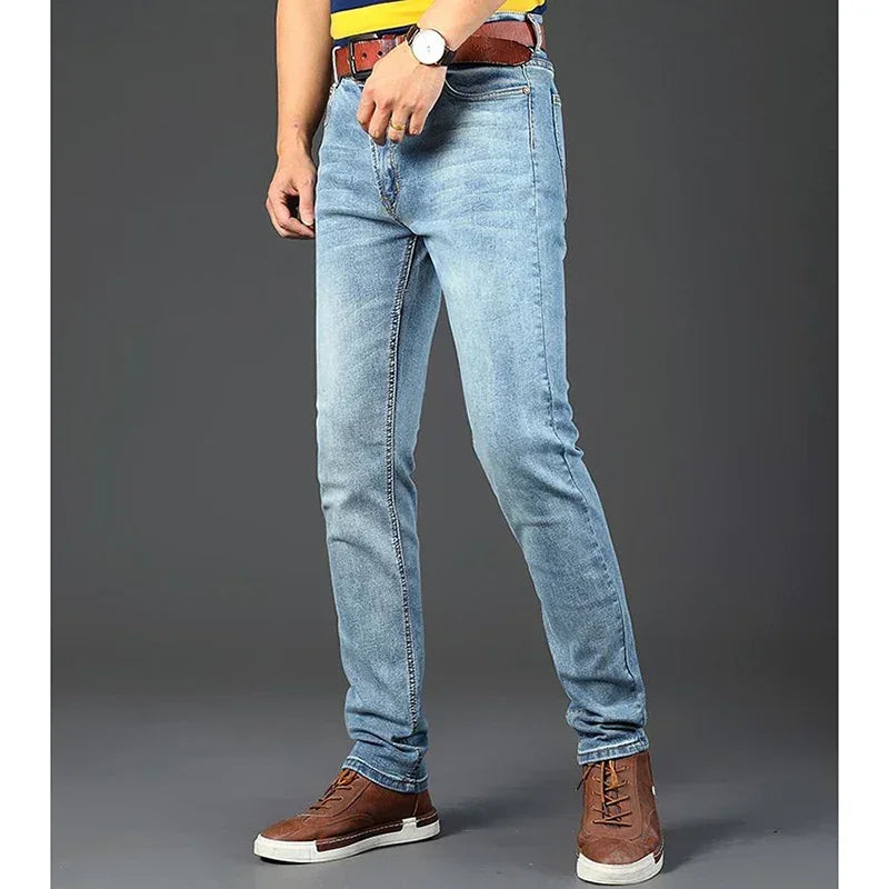 New Men Classic Casual Jeans Male Fashion Business Slim Straight Leg Trousers Stretch Denim Fabric Pants