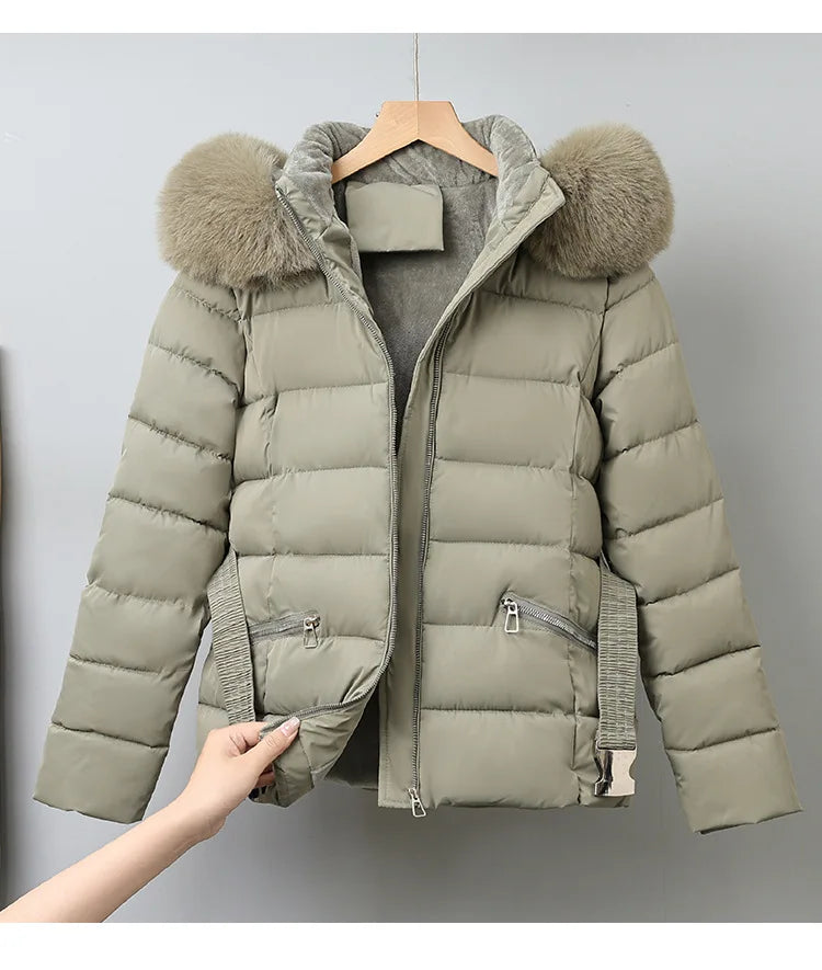 Winter Large Fur Coat Women With Belt Hooded Fur Collar Puffer Jacket Women New Warm Loose Parka Ladies Cotton Padded Overwear