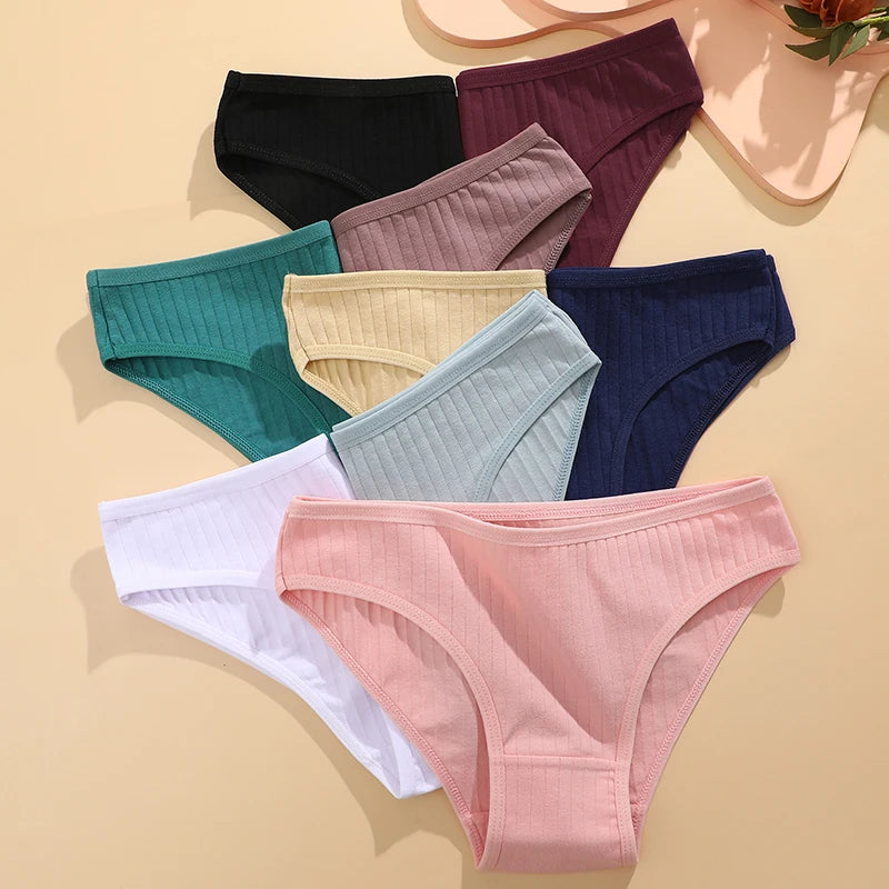 FINETOO 9PCS/SET Cotton Striped Underwear Women's Panties Sexy Soft Solid Color Briefs Female Comfortable Stretch Lingerie M-XL