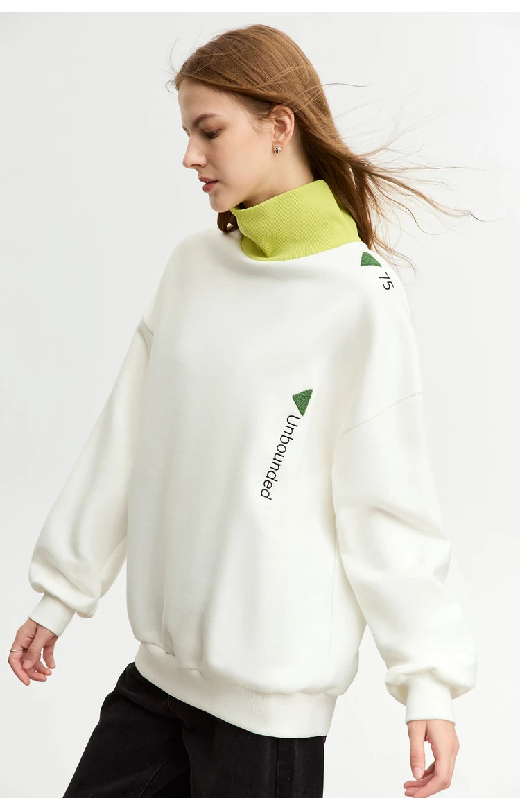 AMII Minimalist Preppy Style Embroidery Sweatshirt Women 2024 Autumn Lazy Loose Spliced Turtleneck Velvet Pullovers 12333011