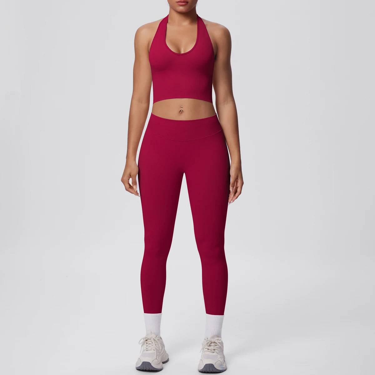 Solid Color Backless Breathable 2pieces Set for Woman High Strength Training Yoga Set Hanging Neck Bra Gym Push Up Fitness Pants