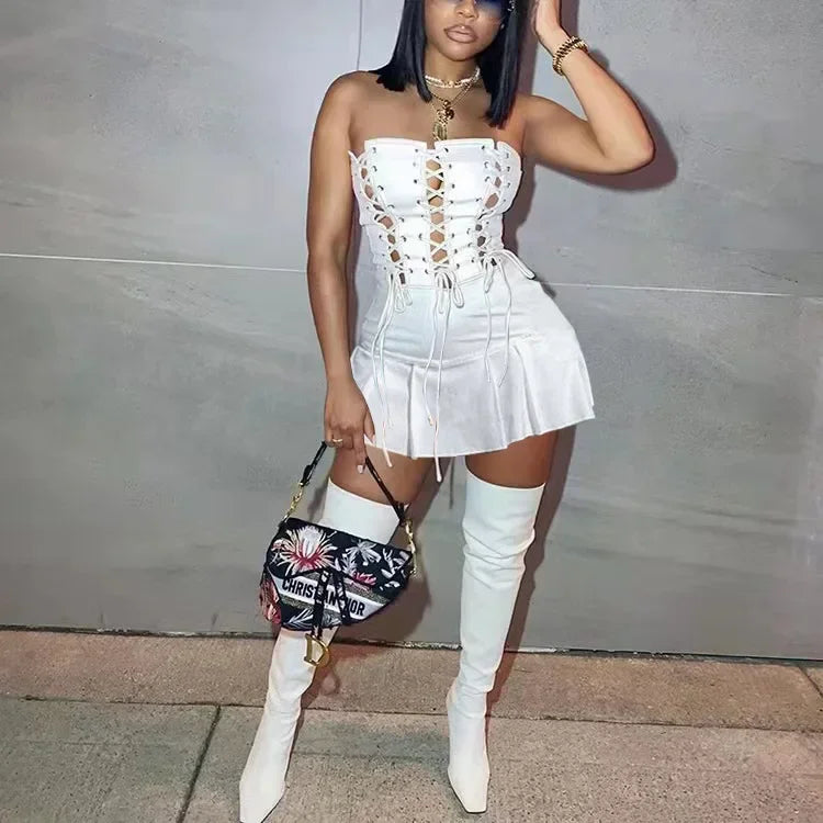 CM.YAYA Women Lace Up Strapless High Waist  Romper Playsuit 2022 Spring Summer Sexy Party Clubwear Bodycon One Piece Overalls