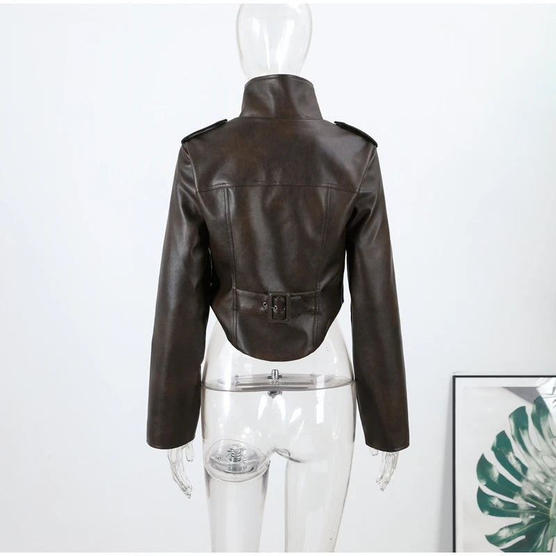 Fashion Lapel Leather Jacket Women's Full Sleeve Slim Solid Zippers Coat 2026 Spring New Lady Edgy Casual High Street Outerwear