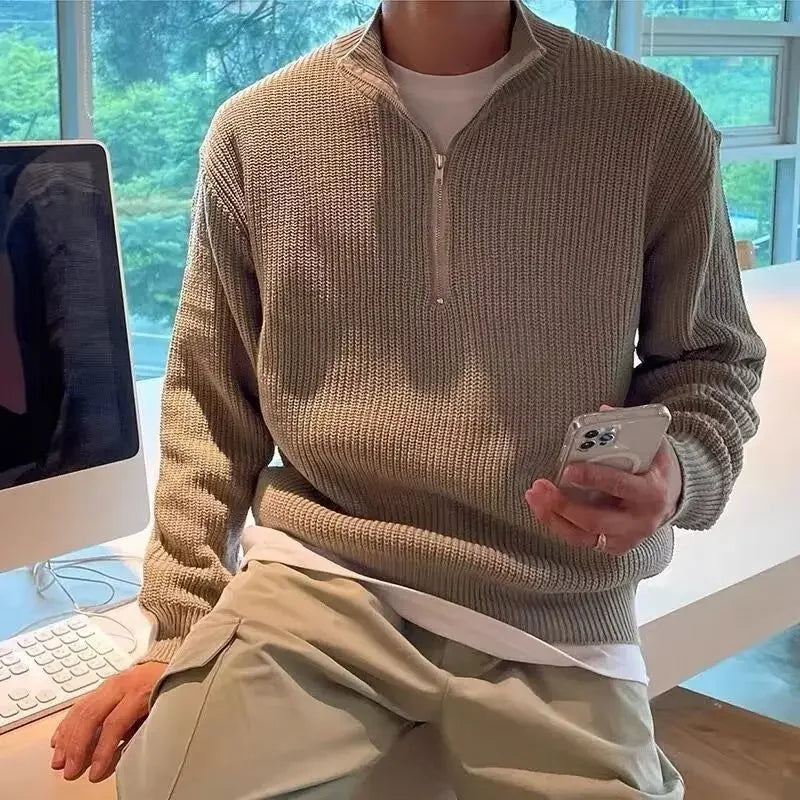 American Fashion Brand Design Korean Style Stand Collar Half Zipper Sweater Men's Temperament Versatile Knitted Sweater