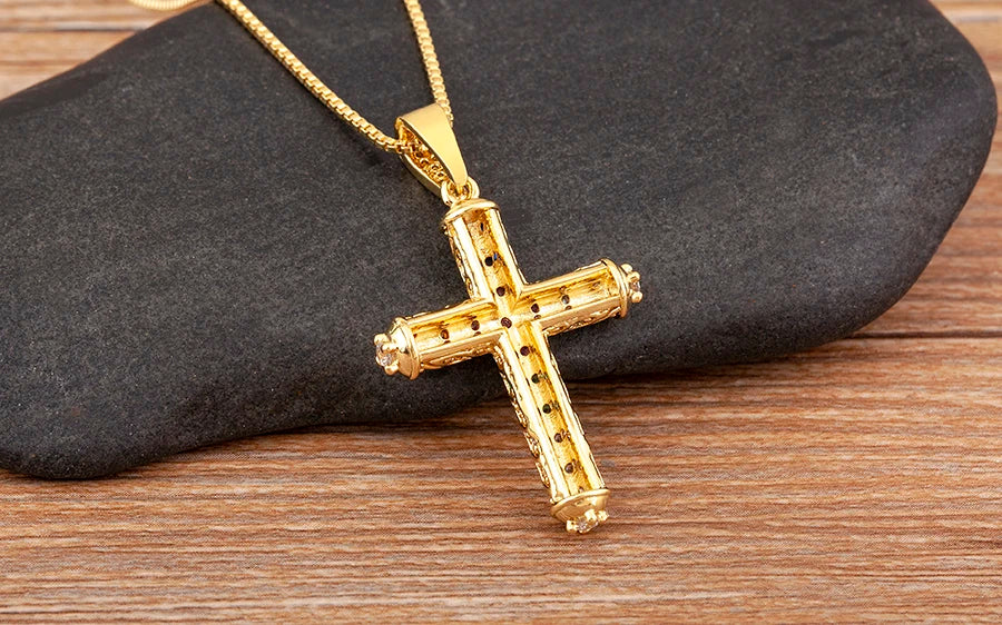 Nidin New Arrival Retro Column Shape Cross Pendant Necklace For Female Male Irregular Geometric Shine Zircon Jewelry Accessories