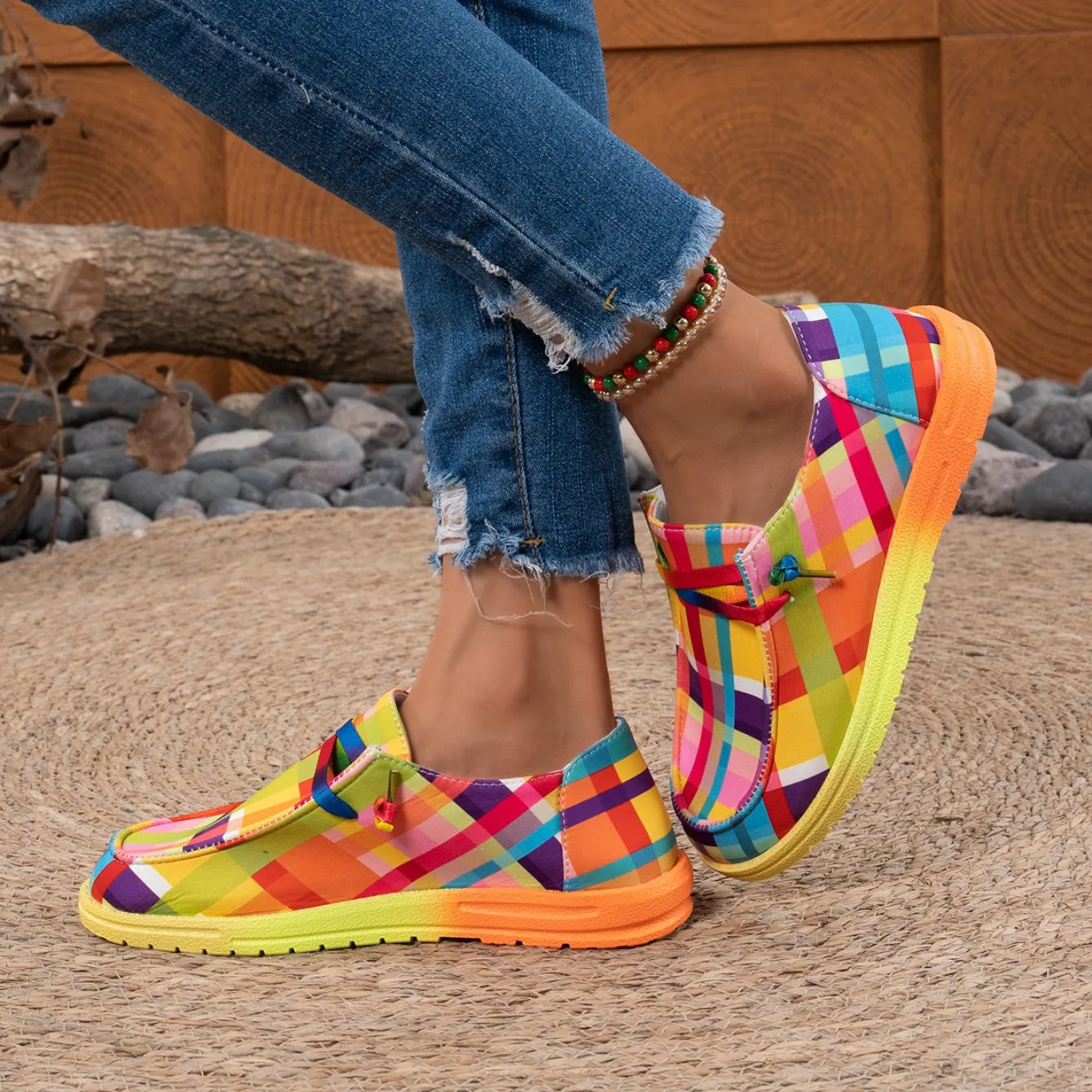 Women Flats Round Toe Multi-Color Sneakers Women Ethnic Rainbow Canvas Shoes Autumn New Casual Daily Flat Loafers Shoes Ladies