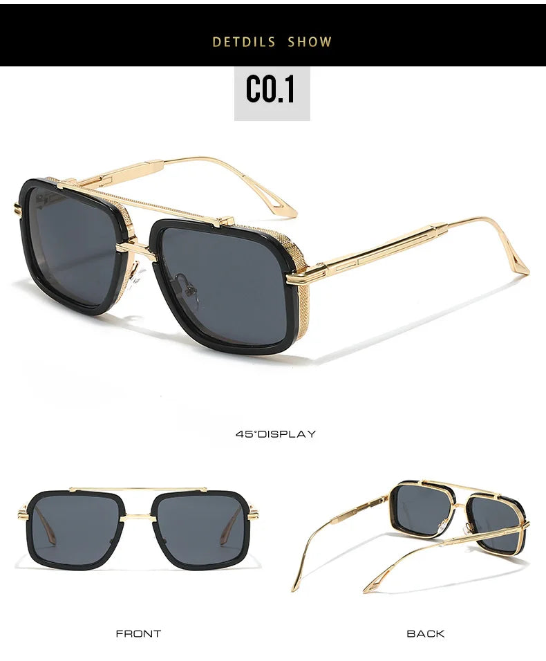 Large Square Sunglasses Men Steampunk Style Metal Pilot Sun Glasses Luxury Designer Brand Eyewear Fashion Shades Double Beam