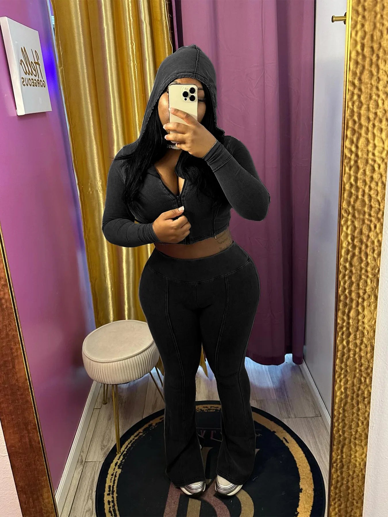 CM.YAYA Fashion Women's Set Long Sleeve Hooded Jacket and Slit Hem Flare Pants 2024 Fitness Two 2 Piece Set Outfits Tracksuit