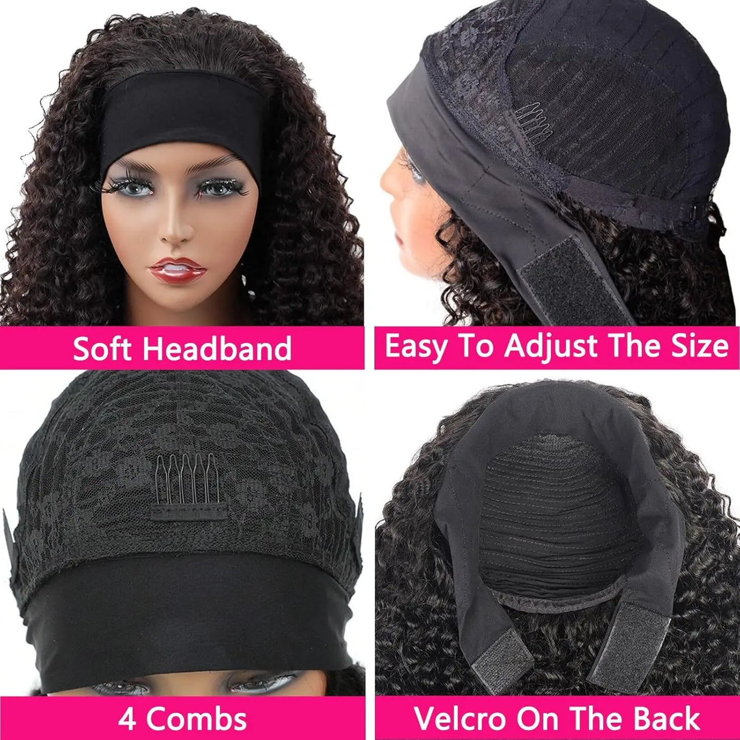 Kinky Curly Human Hair Wig 16 inch Natural Color No Gel Remy Hai Machine Made Headband Curly Scarf Wig for Black Women