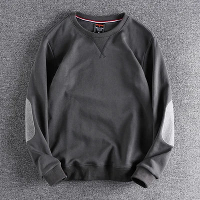 Spring New American Retro Sleeve Patch Solid Color Sweatshirt Men's Simple 100% Cotton Washed Pullover Loose Casual Sportwear
