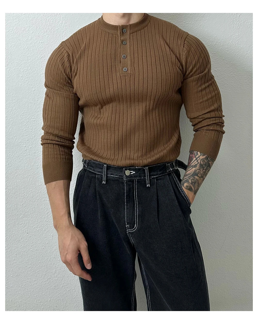 Autumn Clothing Men's Light Luxury Knit Korean Popular Henry Collar T-shirt Button-down Long Sleeve Retro Leisure Knitwear