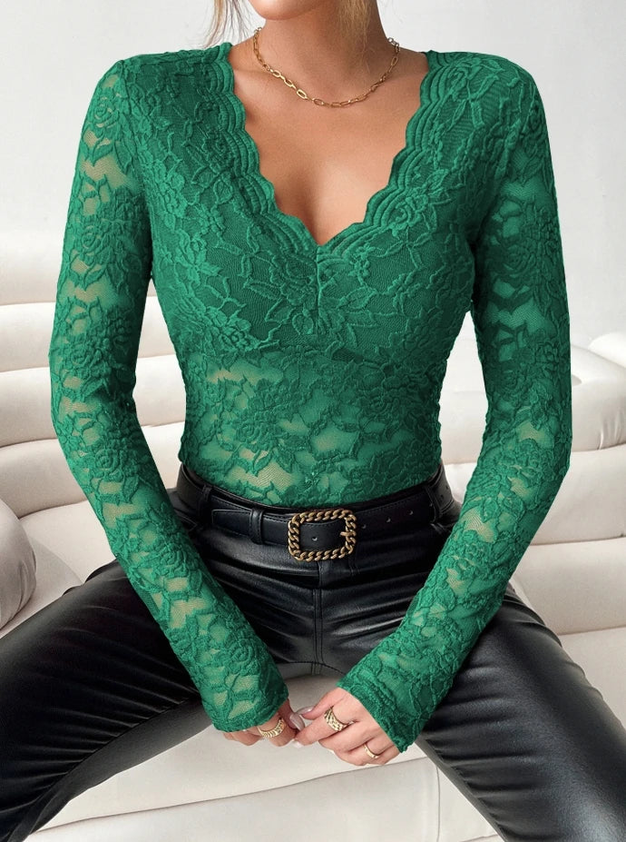 Top Women 2025 Spring New Sexy Perspective Embroidery Lace V-Neck Solid Color Long Sleeved Casual Slim Fit Daily Top