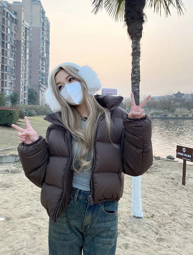 Casual Cropped Parkas for Women Winter New Loose Stand Collar Thick Warm Quilted Jacket Versatile Zipper Long Sleeve Bread Coat