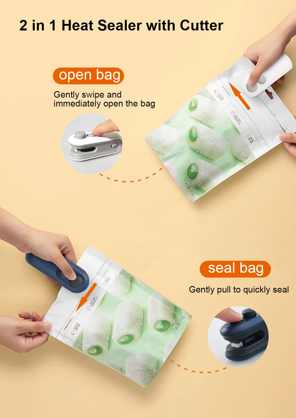Mini Bag Sealer Portable Handheld Heat Vacuum Sealer Rechargeable 2 in 1 Sealer and Cutter Plastic Bags Snacks Food Storage