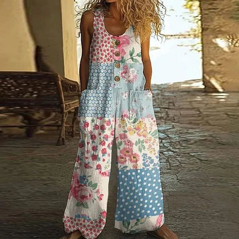 Ethnic Retro Floral Print Wide Leg Jumpsuits Woman Elegant U Neck Button Pocket Rompers Playsuit Summer Sleeveless Strap Overall