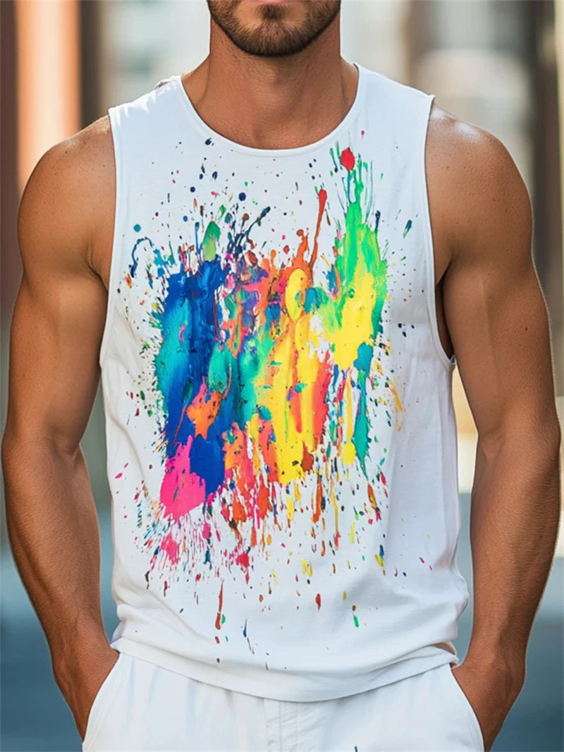 Simple Fashion Mens Streetwear Tank Tops Summer Trend Crew Neck Sleeveless 3D Printed Vest Loose Breathable Sports Tees Tops