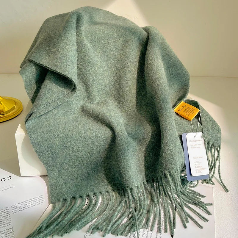 Fashion 100% Wool Scarf Soft Solid Color Scarf for Women Versatile Warm Winter Scarf Thicken Knitted Shawl Simple Tassel Scarves