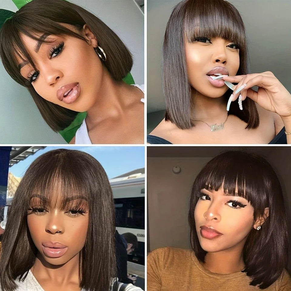 Brazilian Short Straight Hair Bob Wigs Non Lace Glueless Bob Wig Human Hair Wig With Bangs Remy Full Machine Made Wig for Women