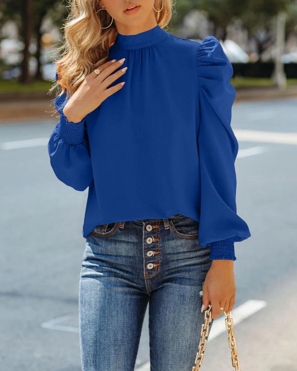 Elegant Blouse for Women Autumn/winter Mock Neck Shirred Puff Sleeve Top Loose Fit Shirt New In Office Lady Pullover Work Blouse
