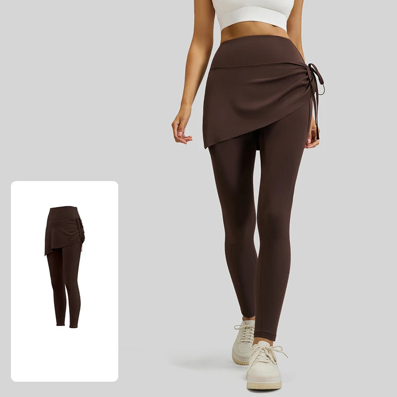 BIVIGAOS New Spring Drawstring Pleated Yoga Leggings Skirt Pants Fake Two Piece Women High Waist Elastic Sports Fitness Leggings