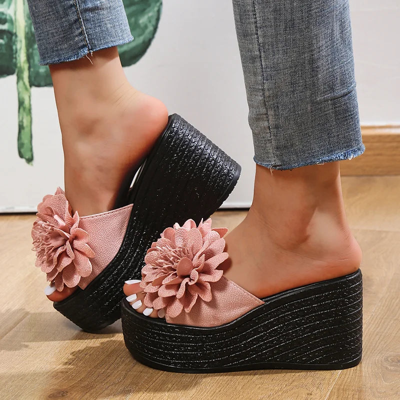 2025 Wedges Sandals Women Slippers Summer Beach Platform Shoes Flower Slippers Women High Heel Slippers Women Fashion