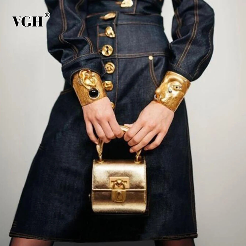 VGH Designer Solid Slimming Denim Skirts For Women High Waist Patchwork Button Spring Temperament Skirt Female Fashion Style New