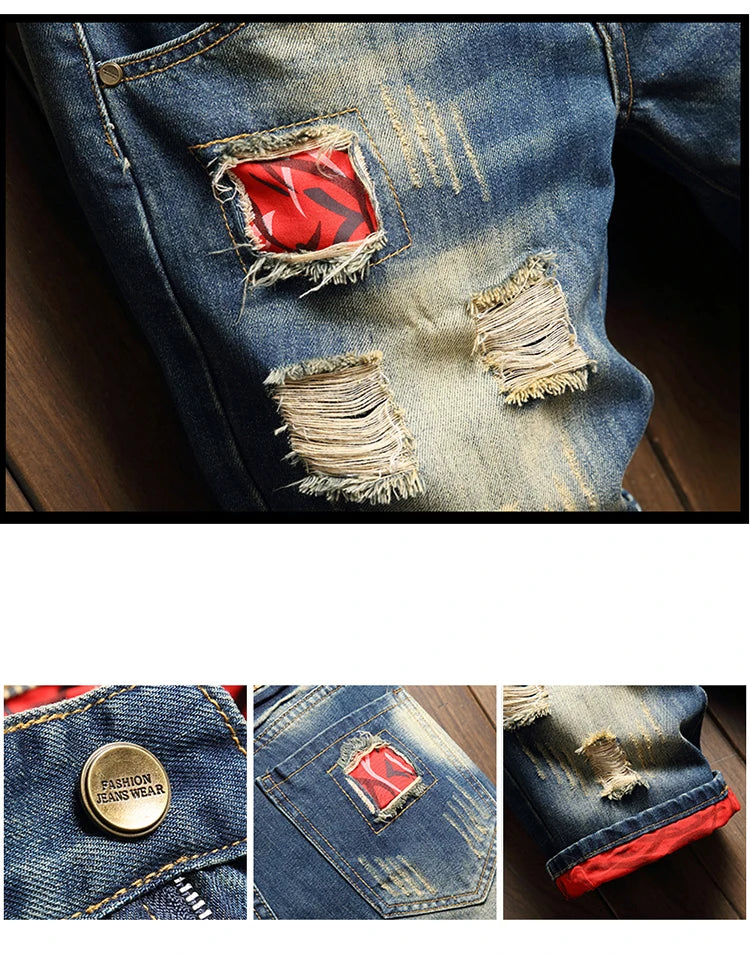 2025 Summer Ripped Denim Shorts Men's Loose Splicing Knee-length Casual Short Jeans Personality Streetwear Hip Hop Male Clothes